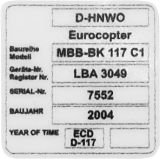 identification plate sticker Eurocopter / BK 117